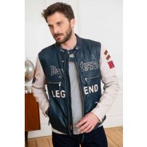 DAYTONA - Blouson en cuir col motard bleu/ecru patché