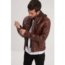 DAYTONA - Blouson en cuir d'agneau cognac avec capuche amovible