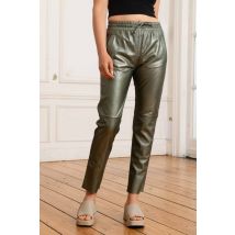 OAKWOOD - Pantalon en cuir vert foncé métallisé femme
