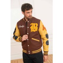 AMERICAN COLLEGE - Giacca varsity in pelle e lana marrone e gialla