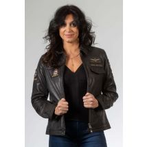 CLASSIC LEGEND MOTORS - Chaqueta de cuero marrón oscuro con cuello camisero y parches.