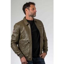 CLASSIC LEGEND MOTORS - Blouson en cuir col chemise kaki foncé style aviateur