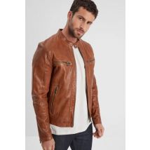 DAYTONA - Blouson en cuir cognac avec col motard