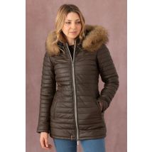 OAKWOOD - Doudoune en cuir marron avec capuche à fourrure