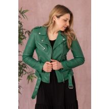 ROSE GARDEN - Chaqueta motera de piel con cinturón verde acebo.