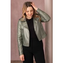OAKWOOD - Cazadora biker de mujer verde oscuro piel metalizada