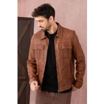 - Blouson en cuir col chemise avec poches sur la poitrine