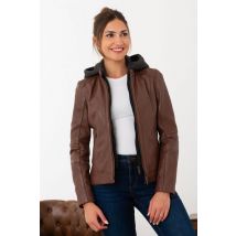 OAKWOOD - Blouson en cuir cognac col motard avec capuche amovible