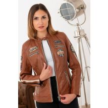 ROSE GARDEN - Chaqueta de cuero racing coñac con parches