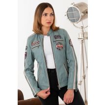 ROSE GARDEN - Blouson en cuir racing bleu avec patchs