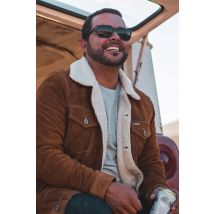 IRON & RESIN - Blouson en cuir suédé cognac avec doublure polaire sherpa