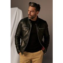 REDSKINS - Giubbotto in pelle nera con colletto biker e tasche con zip