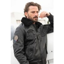 - Blouson aviateur en cuir noir pour homme avec patchs noir