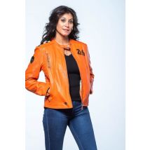 CLASSIC LEGEND MOTORS - Blouson en cuir orange col motard avec damier sur l'épaule