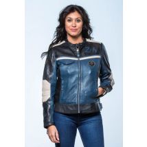 CLASSIC LEGEND MOTORS - Giacca in pelle blu royal, nera ed ecru con colletto biker