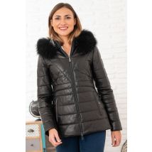 OAKWOOD - Elegante chaqueta de plumas de cuero con capucha de piel auténtica.