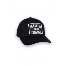 BUCO - Gorra negra con logotipo del producto en blanco y negro.