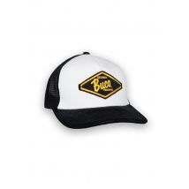 BUCO - Cappellino trucker bianco e nero con logo diamante nero e giallo