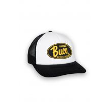 BUCO - Gorra trucker blanca y negra con logo negro y amarillo