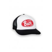 BUCO - Gorra trucker blanca y negra con logo rojo y blanco.