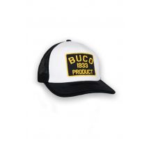 BUCO - Gorra trucker blanca y negra con logotipo del producto en negro y amarillo.