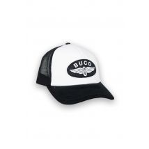 BUCO - Gorra trucker blanca y negra logo rueda alada blanca y negra