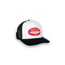 BUCO - Cappellino da camionista bianco e nero con logo della ruota alata rosso e bianco
