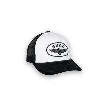 BUCO - Gorra trucker blanca y negra con logo de rueda alada blanca y negra