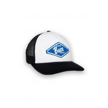 BUCO - Gorra trucker blanca y negra con logo de rombos azul y blanco