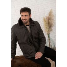 SERGE PARIENTE - Giacca in pelle marrone scuro con collo alto e paramontura removibile
