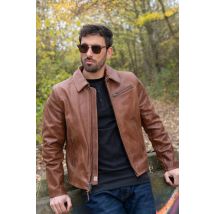 IRON & RESIN - Cazadora de piel de caballo con cuello camisero color coñac