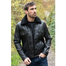 SERGE PARIENTE - Chaqueta trucker de piel negra con cuello de pelo extraíble