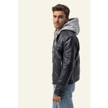 SERGE PARIENTE - Cazadora de piel azul marino con cuello motero y capucha gris desmontable