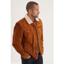 IRON & RESIN - Giubbotto in pelle scamosciata cognac con fodera in pile sherpa