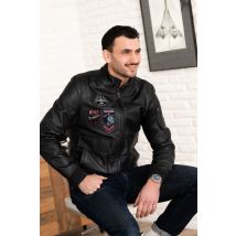 PATROUILLE DE FRANCE - Giacca in pelle con colletto da motociclista blu navy con toppe PAF