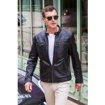 STEVE MCQUEEN - Chaqueta de cuero con cuello de motorista negra para hombre