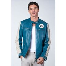 24H LE MANS - Giacca in pelle blu oceano con colletto da motociclista