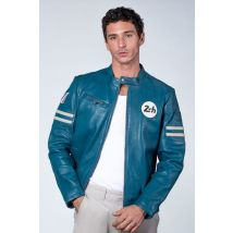 24H LE MANS - Giacca in pelle stile racing blu oceano con colletto da motociclista