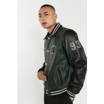 REDSKINS - Giacca teddy college in pelle verde foresta e nera con colletto a camicia
