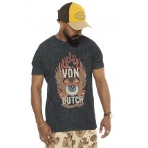 VON DUTCH - Camiseta de algodón gris descolorido con logotipo de ojo en llamas