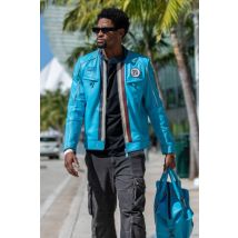 STEVE MCQUEEN - Chaqueta de carreras de cuero azul nórdico