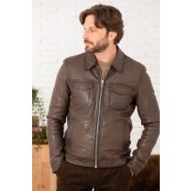 SERGE PARIENTE - Chaqueta de cuero color moca con cuello camisero y dos bolsillos en el pecho