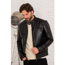 SERGE PARIENTE - Giacca in pelle nera liscia con colletto biker minimalista
