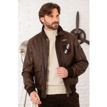AERONAUTICA MILITARE - Chaqueta bomber de cuero color chocolate con bordado "Black Panthers"