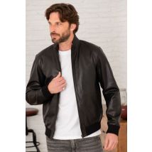 SERGE PARIENTE - Giubbotto in pelle nera con collo alto e bordi a costine