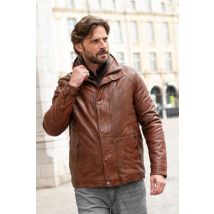 DAYTONA - Giacca in pelle color bisonte con collo alto e paramontura removibile