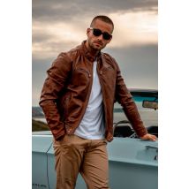 DAYTONA - Giubbotto in pelle marrone con collo biker