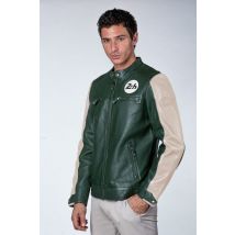24H LE MANS - Chaqueta de cuero verde con cuello de motociclista