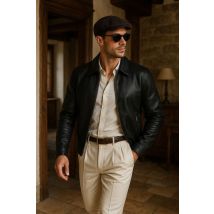 CHEVIGNON - Giacca in pelle nera con elegante colletto a camicia