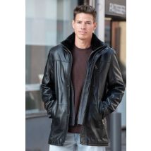 CITYZEN - Abrigo de cuero negro con cuello alto y vista desmontable